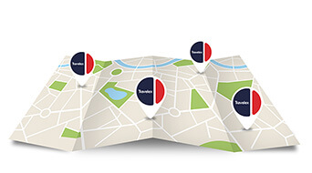  an illustration of a map showing Travelex branded location pins.