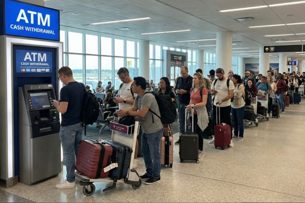 Pinnen bij een Travelex-geldautomaat